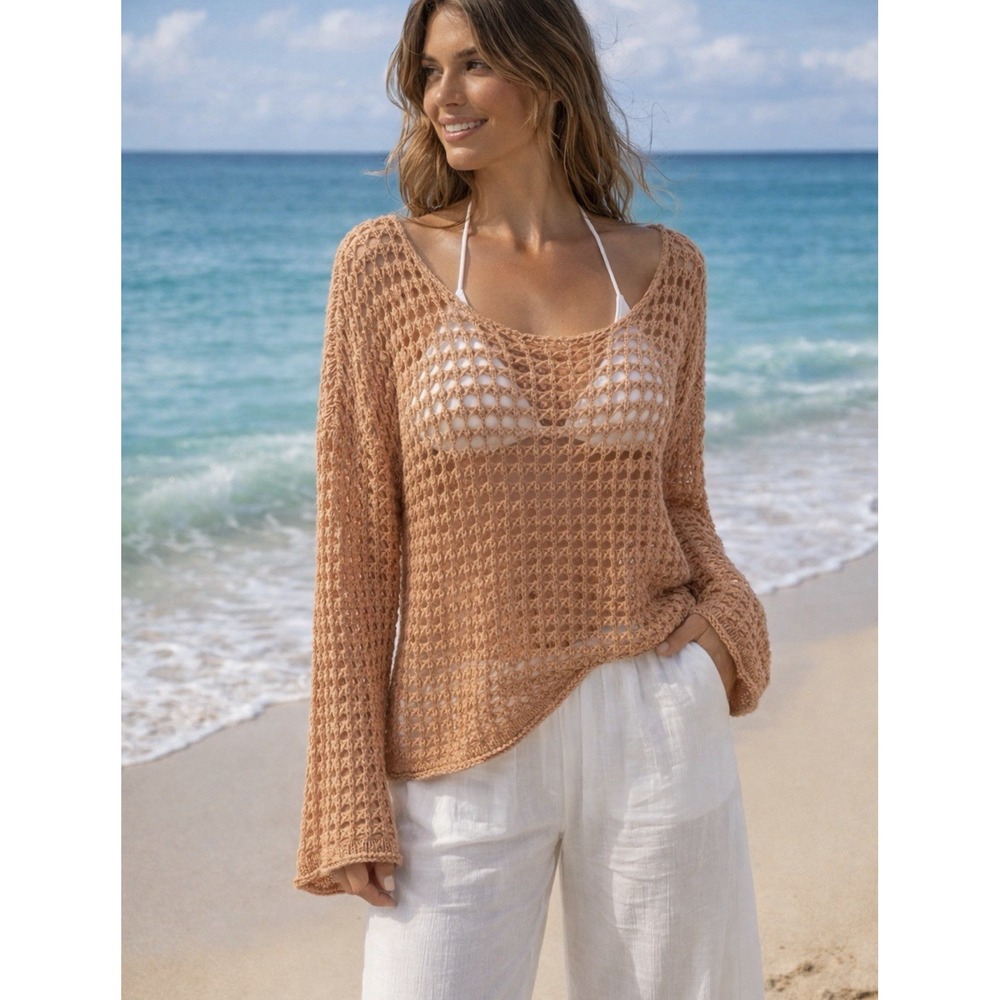 POL Peach Open-Knit Off-the-Shoulder Sweater